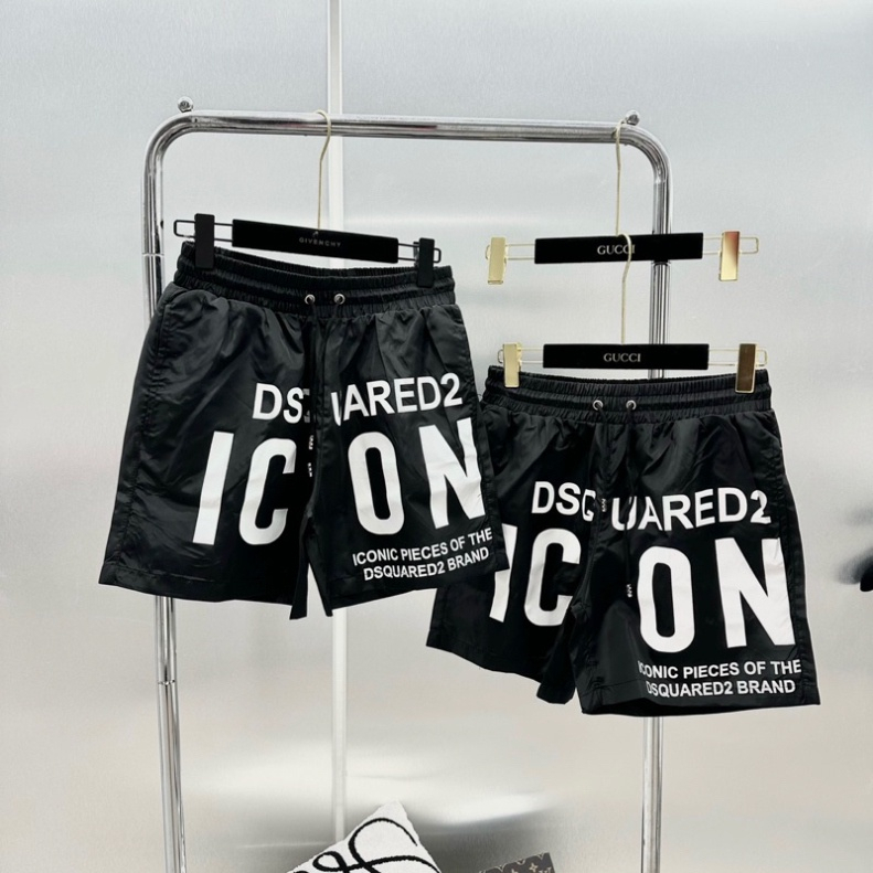Quần short gió nam Dsq2 đen in chữ ICON trắng cạp chun dây thắt thoáng mát cao cấp