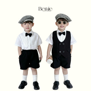 Bộ cộc vest bé trai 4 chi tiết Bernie trắng đen sang trọng - Bộ Gile Quần Áo Cộc Kèm Nơ Phong Cách Hàn Quốc Mã 0624B07