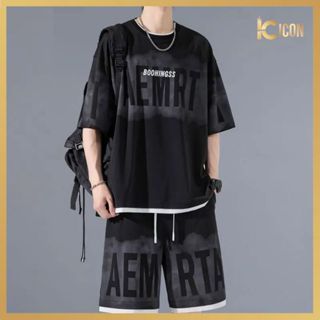 Bộ Cộc Tay Nam Mùa Hè Loang Chất Ong Dày Dặn, Bộ Quần Áo Nam Cổ Tròn Chữ AEM Năng Động Cá Tính BO26 - ICON