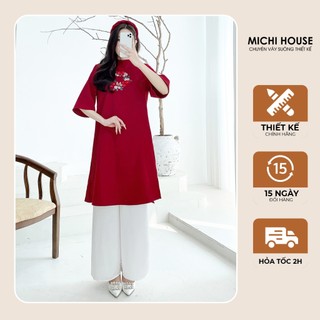 Áo Dài Tết Cách Tân Suông MICHI HOUSE Váy Xuông Màu Đỏ Không Kèm Quần Phong Cách Truyền Thống V550