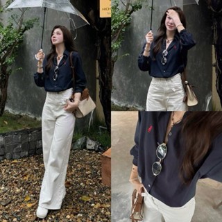 T - Áo sơ mi chất thô nhăn xanh than thêu ngựa đỏ basic - Sơ mi nam nữ unisex nhiều màu thêu ngựa Rapl tôn dáng