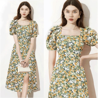 Đầm maxi hoa đi biển màu xanh xinh xắn tay phồng, cổ vuông giúp nổi bật A1913