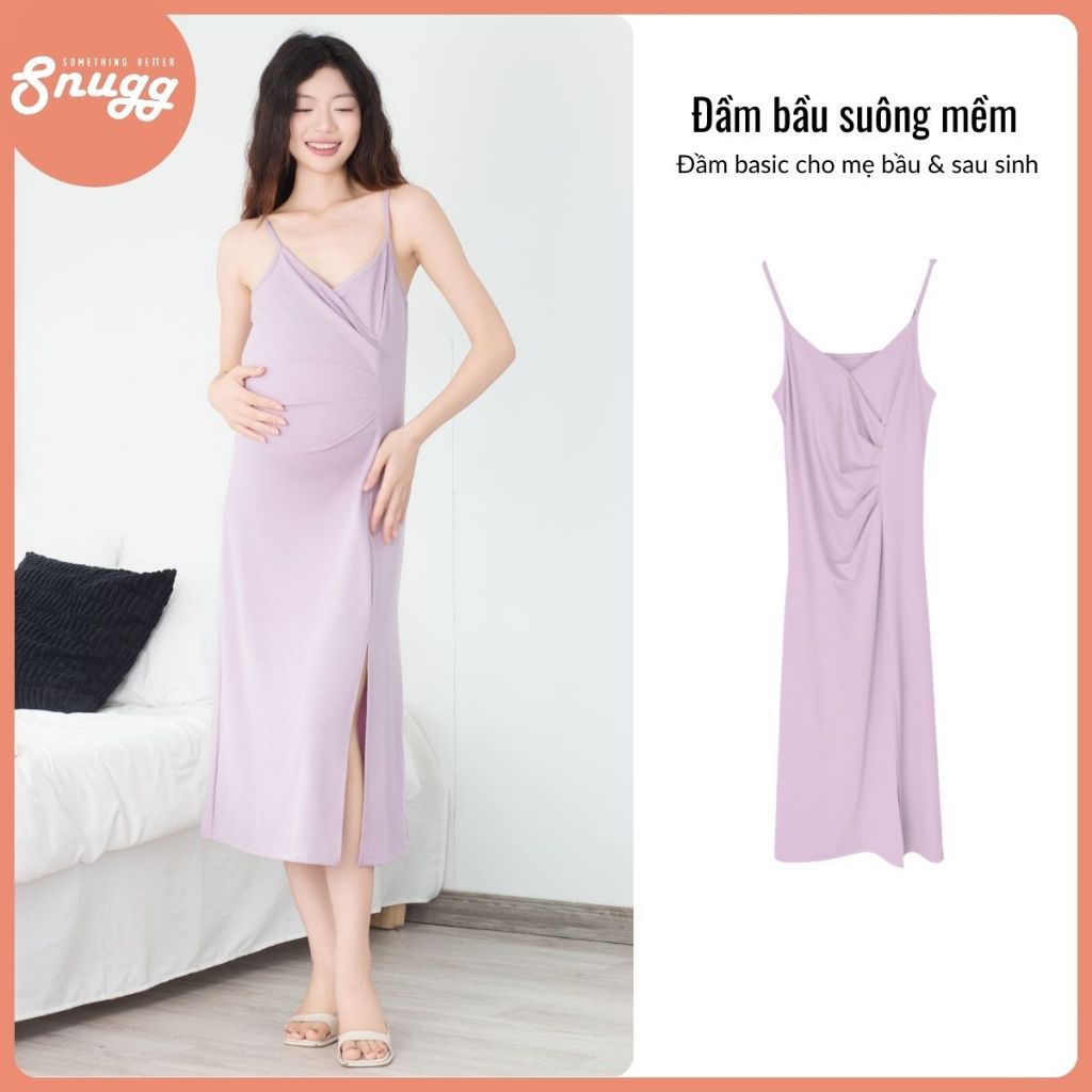 Đầm bầu hai dây 4 mùa, basic dáng A xẻ gối Snugg - SNU2150