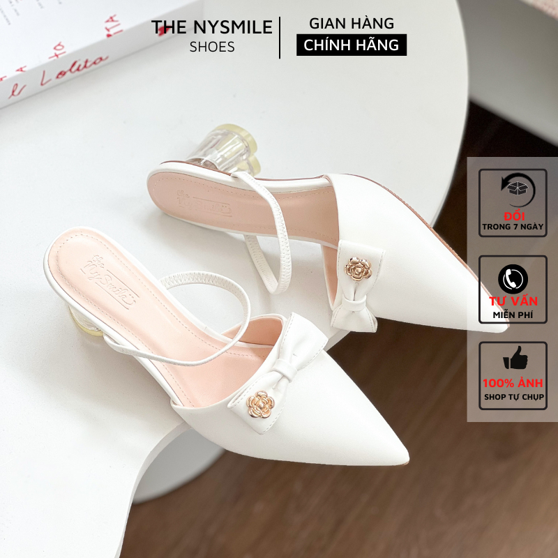 Giày cao gót mũi nhọn đính nơ 5p gót trong sang chảnh, dép sục 5p, giày nữ -  THENYSMILE - JERII
