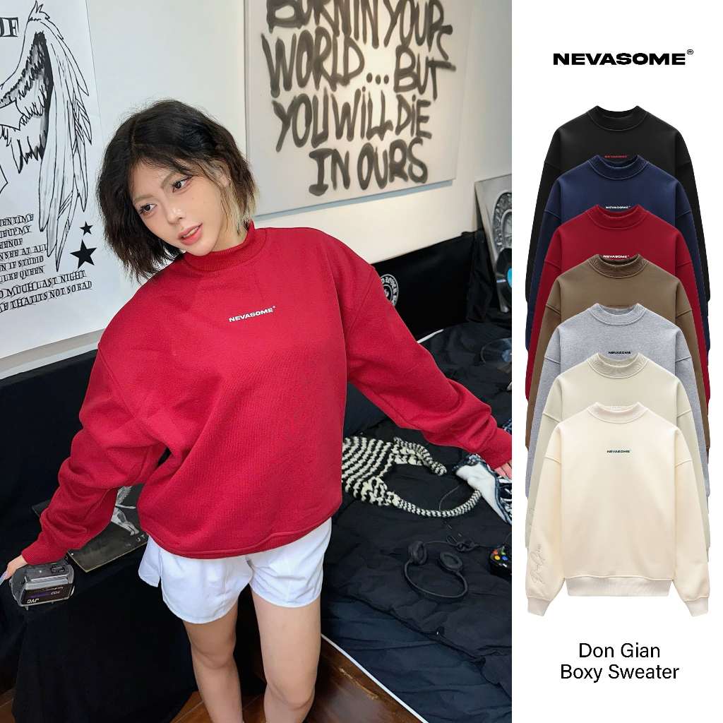 Áo Sweater Đơn Giản NEVASOME Nỉ Lót Lông Cừu Local Brand Basic Cotton 420gsm Form Boxy Nam Nữ