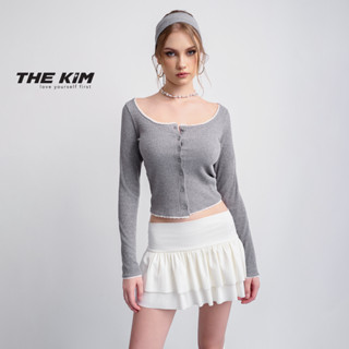 THE KIM Áo len cadigan dài tay dáng ôm viền ren , áo len croptop dài tay phối ren T319