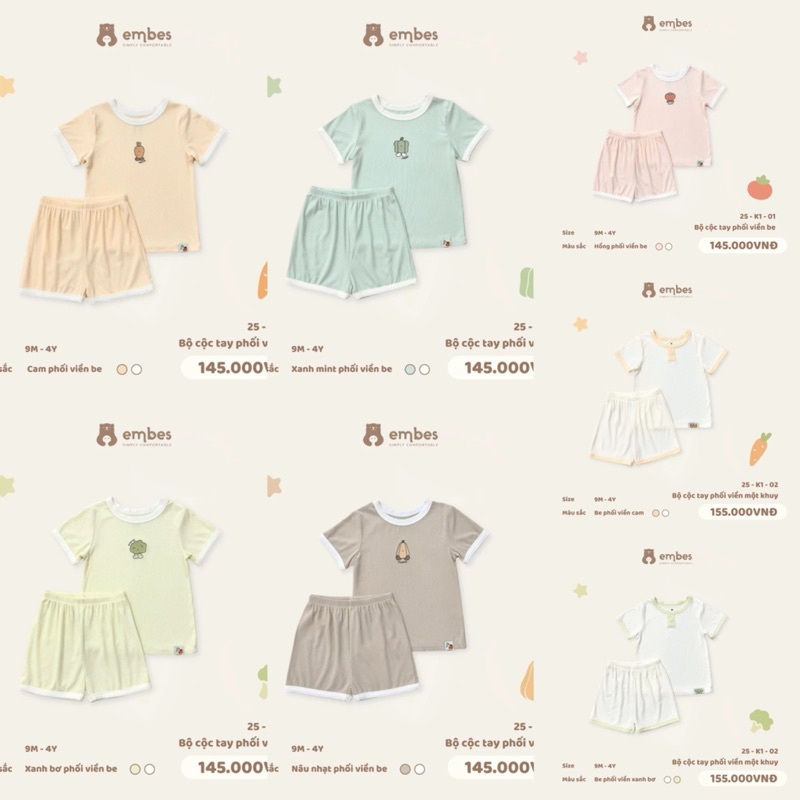 (Embes/Chính Hãng 2025) Bộ cộc tay chất thun tăm siêu thoáng mát hãng EMBES cho bé trai bé gái mẫu m