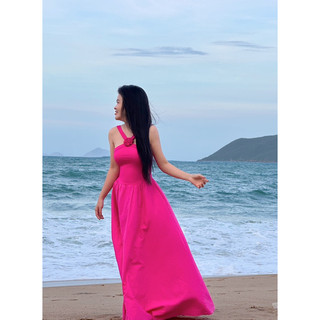 Đầm maxi dài yếm hồng hoa xinh màu Hồng thanh lý