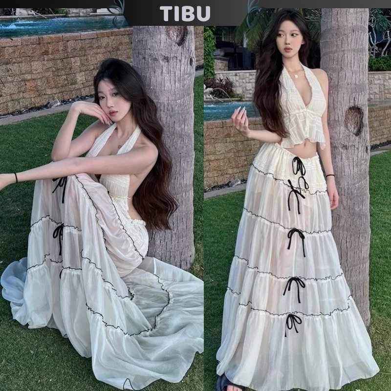 Set Áo Xẻ Ngực Hở Lưng Phối Chân Váy Dài Đính Nơ TIBU Set Đồ Nữ Sang Chảnh Đi Chơi Quyến Rũ Voan Tơ B284