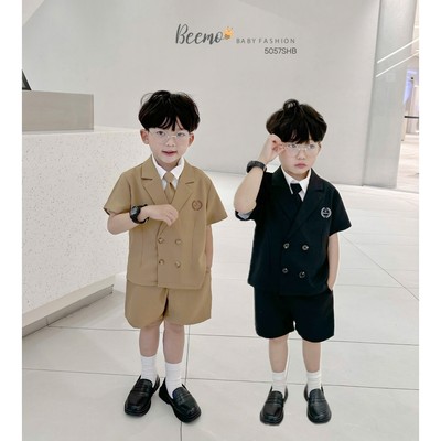 Set vest cộc Beemo nam sinh Hàn Quốc vải text chéo mềm cho bé trai mặc đi chơi, sự kiện cho bé từ 9-25kg 5057SHB
