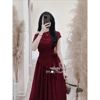 Set váy thun ướt áo cổ lệch mặc được hai kiểu vạt nhọn nhún eo chân váy maxi xoè mặc đi tiệc đi chơi