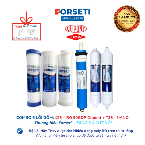 Combo 6 Lõi Lọc Nước FORSETI Gồm 123 + Màng RO50 Karofi/Màng RO Sunhouse/Màng RO Kangaroo + Carbon T
