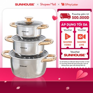 Bộ nồi inox 5 đáy Sunhouse SH781 - gồm 3 nồi với đường kính 16cm-20cm-24cm - Đáy từ dùng mọi loại bếp - 5 lớp đáy
