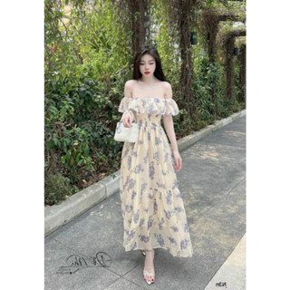 Đầm hoa mặc đi du lịch thời trang chất voan cao cấp thiết kế trễ vai phối bèo có mút chạy moocking ôm eo váy maxi xoè