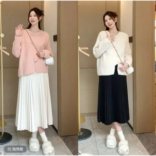 Chân váy bầu dài xếp ly nhỏ, vải Chéo Thái có đáp bụng mềm kèm chun chỉnh bụng