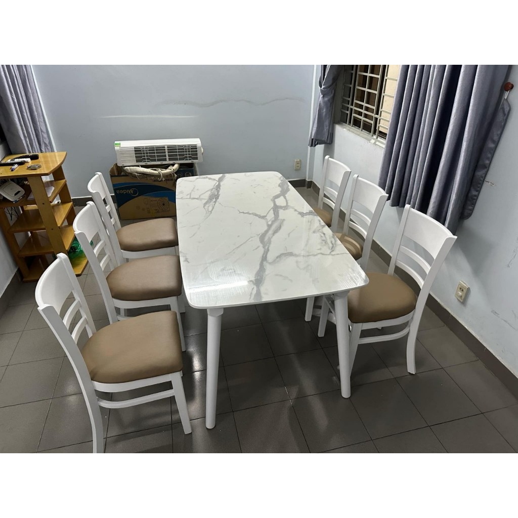 BÀN ĂN GỖ GIẢ ĐÁ TRẮNG + 6 GHẾ CABIN NỆM hàng hiệu - bh 12 THÁNG - nhãn hiệu Ngọc Mai Furniture | BigBuy360 - bigbuy360.vn