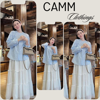  Set váy nữ áo sơ mi cổ nhúm tay dài kẻ sọc nhỏi phối chân váy maxi 2 lớp voan tầng chất mát mùa hè CAMM HCOM25047 