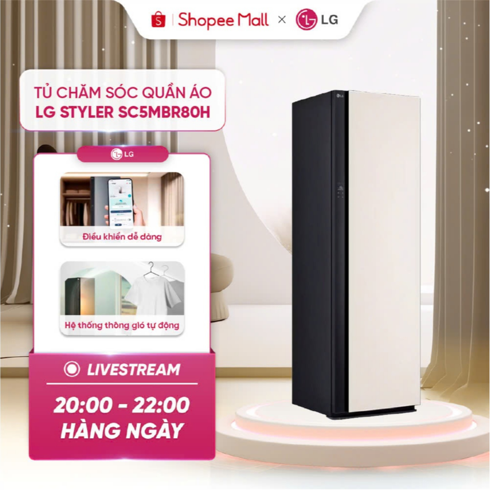  Tủ chăm sóc quần áo thông minh LG Styler Inverter 5 móc SC5MBR80H - Màu be - Tích hợp bàn ủi công suất cao 