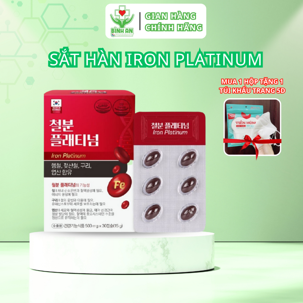 Viên uống sắt Iron Platinum Hàn Quốc dành cho bà bầu, người thiếu máu - hộp 30 viên - NT Bình An