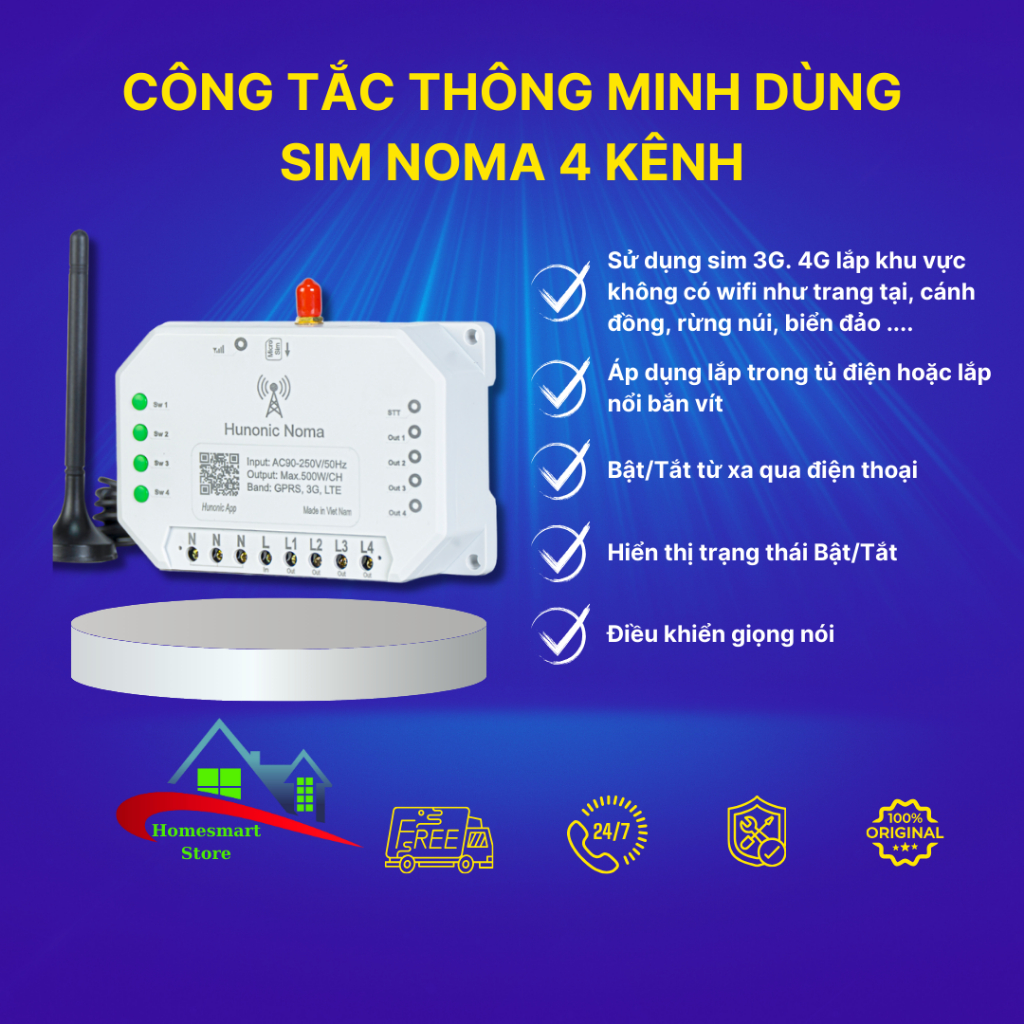 Công Tắc Thông Minh Hunonic Noma 4CH | Điều Khiển Từ Xa Qua SIM 666