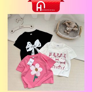 Set 3 áo phông bé gái họa tiết nơ hoa mặt cười tone hồng trắng đen - HNOrderChina