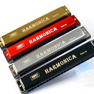 Kèn Harmonica 24 lỗ Tremolo kèm hộp đựng bằng nhựa 4 màu vàng,đỏ,bạc và đen