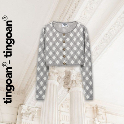 TINGOAN®  - Áo cardigan set len xù crop kẻ quả trám có quây xám tingoan LOVE YOU BACK CARDIGAN/GR PHIÊN BẢN MỚI T6.2026
