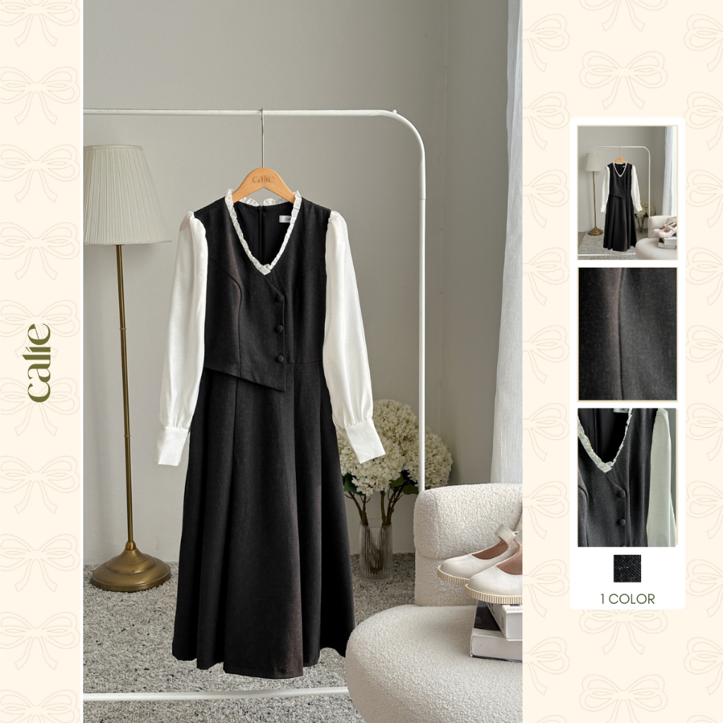 Đầm giả set phối cổ xếp ly, dáng dài phong cách đơn giản thanh lịch, thời trang nữ Calie Vx234
