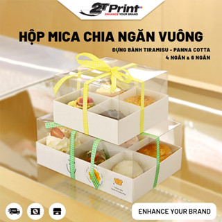 Hộp Giấy Ngăn Vuông Kèm Nắp Mica Đựng Bánh Tiramisu, Bánh Panna Cotta, Mousse, Set Bánh Ngọt Cao Cấp