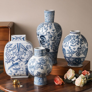 Bình gốm sứ cắm hoa phong cách trung cổ, men lam thanh hoa decor trưng bày