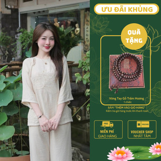  Ms34 Set đồ lam đi chùa thêu hoa vải đũi tơ cổ tròn cúc ngọc thêu hoa sen Pháp phục đi chùa nữ 