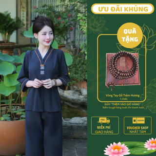 Ms37 Set đồ lam đi chùa vải kate Bộ đi chùa nữ vải kate thêu cổ dáng xuông Pháp phục đi chùa la hán