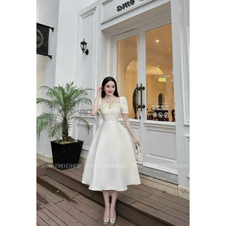 Đầm thời trang nữ mặc đi chơi chất tapta cứng cổ thuyền chéo dây cổ kết bông giả tay ngắn váy xoè maxi 3 màu