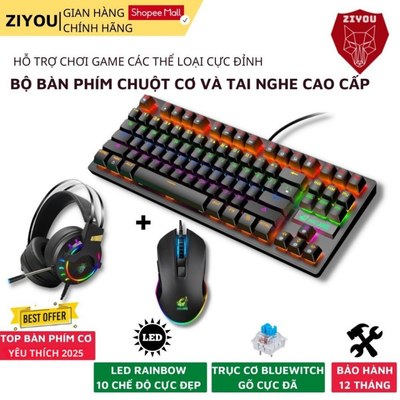 Combo Bộ Phím Chuột Kèm Tai Nghe Chụp Tai Gaming Bàn Phím Cơ Cao Cấp Trục Cơ BlueSwitch, K2+V1+K3