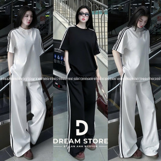  Set bộ áo thun tay ngắn rót viền mix quần suông ống rộng phong cách thể thao 