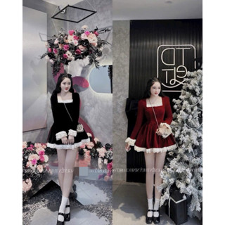  Đầm thời trang nữ mặc đi chơi Tết chất NHUNG cứng cổ vuông tay dài phối lai bèo tiểu thư váy xoè phồng xếp ly đen đỏ 