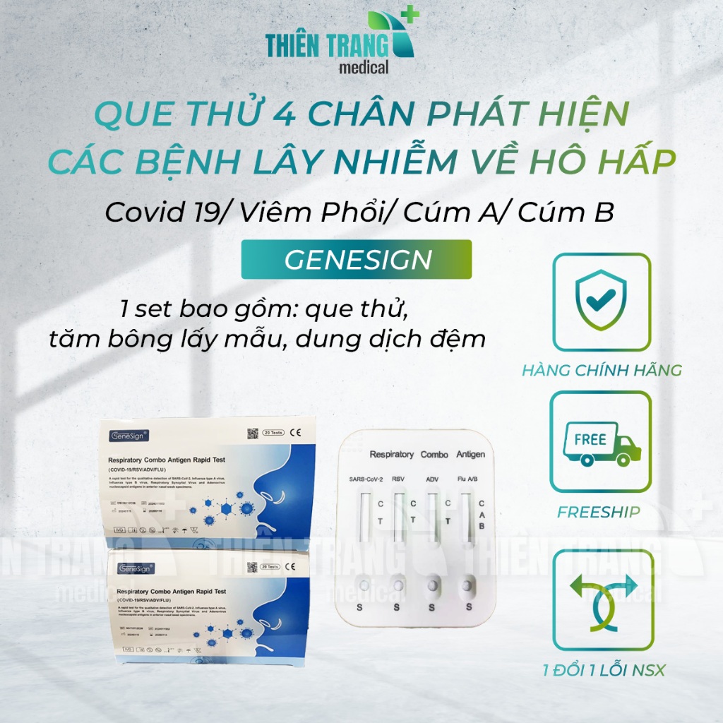 Test thử nhanh 4in1covid, cúm a/b, cúm Adeno, cúm RSV GeneSign Respiratory Combo Antigen Rapid Test 