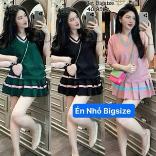 Thời Trang Bigsize - Set Bộ Váy Bigsize Thun Tăm Cổ Tim Hot Hit Nữ, Chân Váy Xòe Xếp Ly Cao Cấp Sang Chảnh 45-95kg 2201