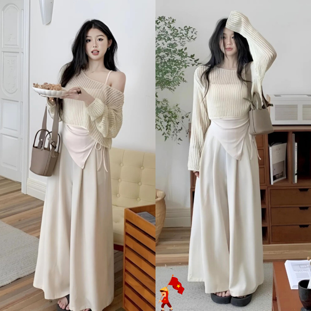 Set đồ nữ Áo 2 dây kèm áo khoác lưới tinh tế mix quần ống rộng thanh lịch sang trọng