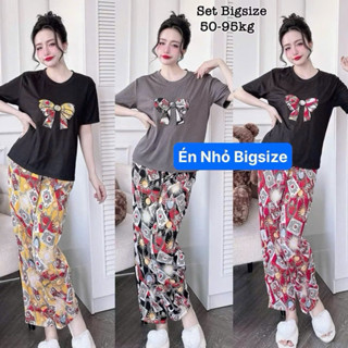 Set Bộ Dài Bigsize Nữ Áo Thun Cổ Tròn Thêu Nơ Trước Ngực Phối Quần Mango Mịn Mát Dễ Thương Cao Cấp Xinh Đẹp 50-95kg