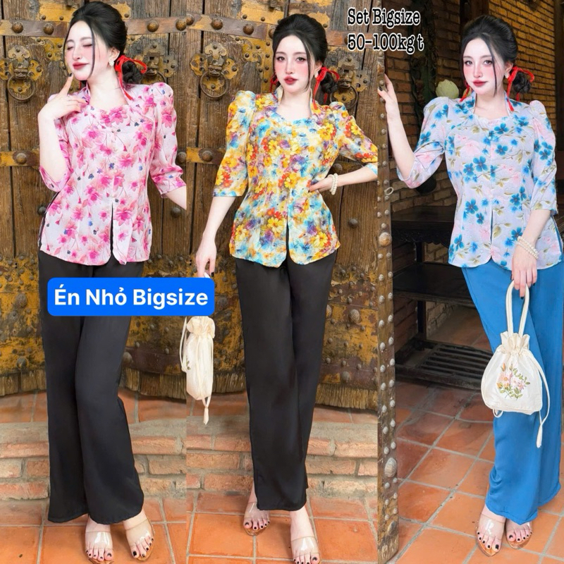Set Bộ Đồ Bà Ba Bigsize Nữ Hoàng, Đi Lễ Chùa Áo Hoa Cổ Vuông Đính Ngọc Trai Kèm Quần Dài Vải Lụa Man