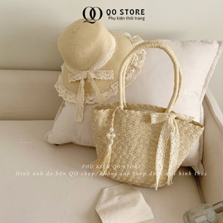 [XẢ HÀNG]Combo Túi Mũ Cói Nữ Đi Biển Vành Phối Ren Có Dây Buộc Nơ Tiểu Thư T17M17 QO STORE