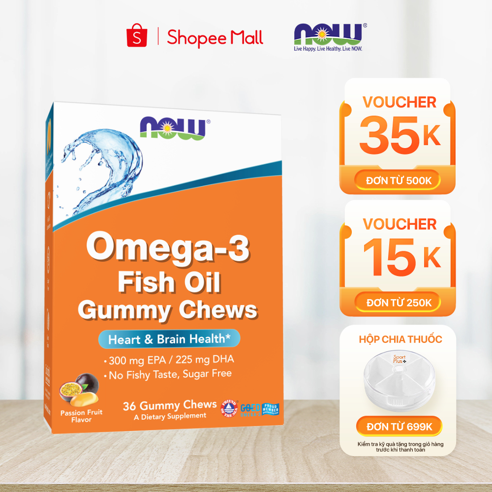 Viên nhai dầu cá trẻ em Omega 3 Fish Oil Gummy Chews Now (36 viên) vị chanh leo, sáng mắt, bổ não