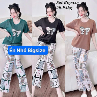 Set Bộ Dài Bigsize Nữ Áo Thun Cổ Tròn Thêu Nơ Trước Ngực Phối Quần Mango Mịn Mát Dễ Thương Cao Cấp Xinh Đẹp Rẻ 50-95kg