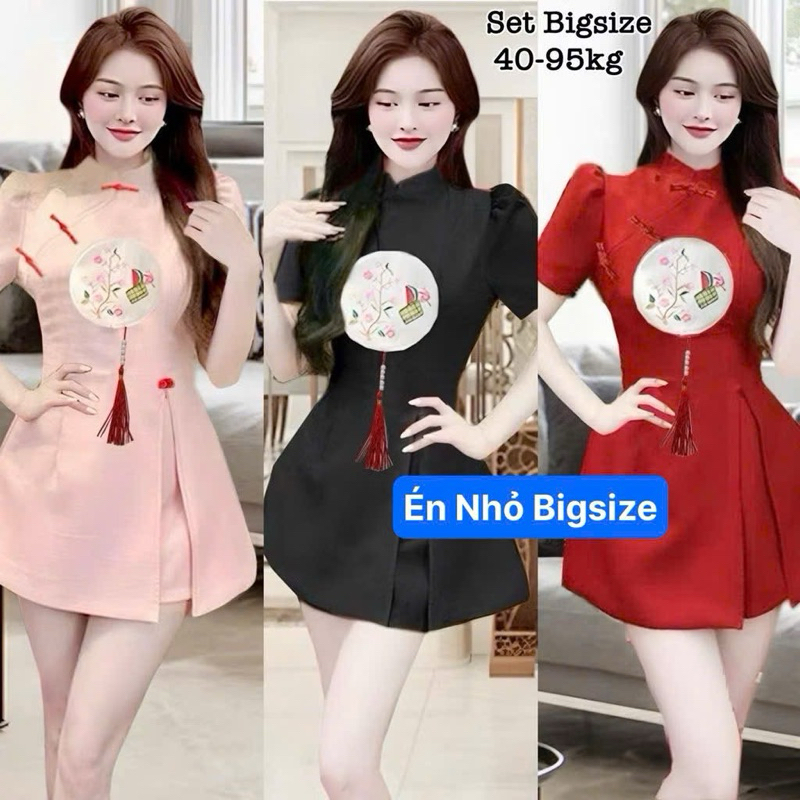  Thời Trang Bigsize HCM - Set Áo Thêu 5D Và Quần có Bo Chun Khoá kéo bên hong Lụa Chéo Hàn Xinh Đẹp Đón Tết 40-95kg 2157 
