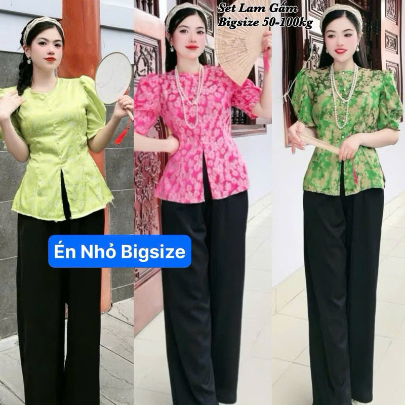 Set Bộ Đồ Bà Ba Bigsize Nữ Pháp Phục Đi Lễ Chùa Áo Gấm Hoa Cổ Tròn Đính Ngọc Trai Kèm Quần Dài Vải L