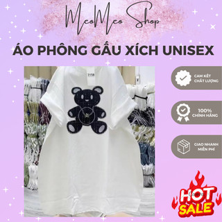 Áo Thun Gấu , chất cotton khô 3158, from rộng, Cổ Tròn, Hình con gấu xích, cute ( hàng thêu ) Menswear Nam Nữ