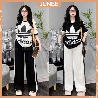 Set Bộ Đồ Nữ DAS Áo Phông In Pet Phối Viền Cổ Tay Mix Quần Dài Suông Kẻ Sọc Dáng Freesize