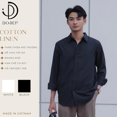 DODEP Áo sơmi nam cotton linen tay dài Trắng, Đen