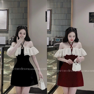 Đầm thời trang nữ mặc đi chơi Tết chất nhung mịn trễ vai phối voan tơ bèo cột dây chéo cổ váy chữ a đỏ và đen QC